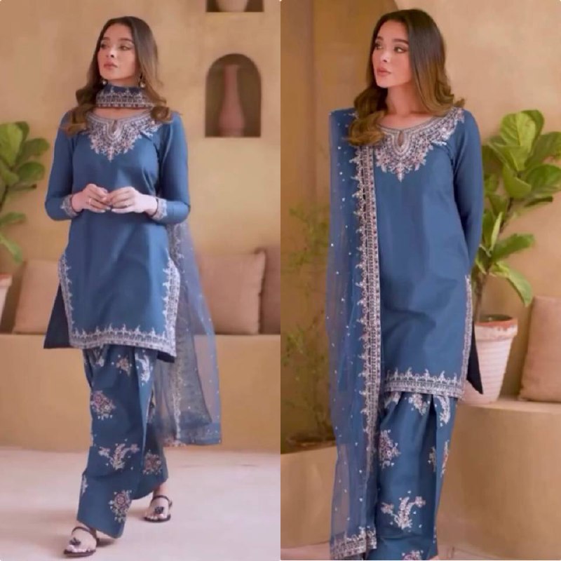 Pehnava Style Pure Natural Crepe With Embroidery Work Kurta Farshi Palazzo And Dupatta - Image 7