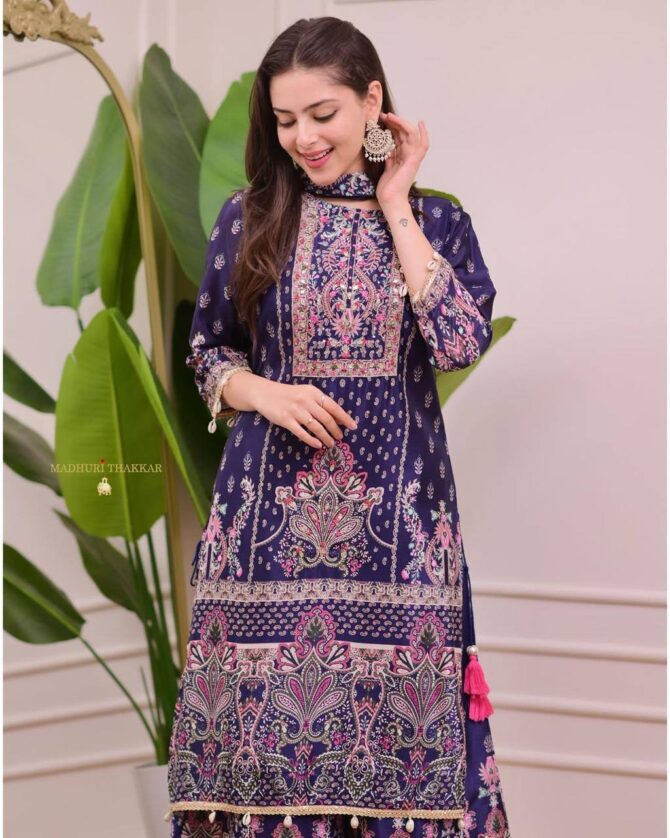 Pehnava Style Blue Chinon Silk Printed Handwork Kurtie Plazzo Set - Image 2