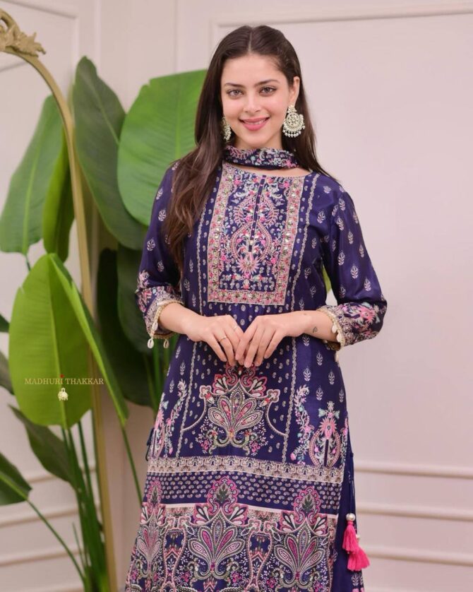Pehnava Style Blue Chinon Silk Printed Handwork Kurtie Plazzo Set - Image 3