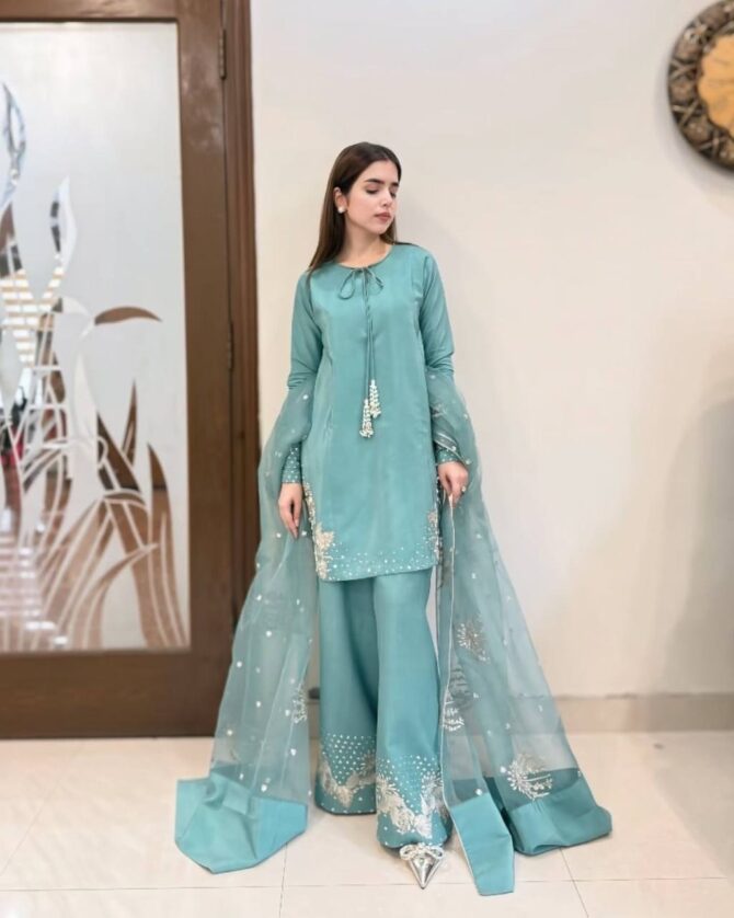 Pehnava Style Pure Natural Crepe With Embroidery Work Kurtie Palazzo And Duppatta - Image 2