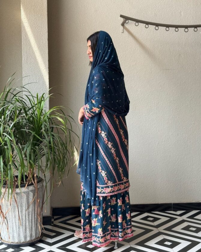 Pehnava Style Reyon Digital Print With Handwork Kurtie Plazo Set - Image 4