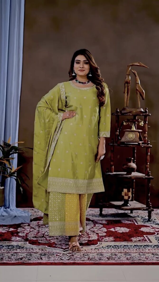 Pehnava Style Pure Chinon Embroidery Work Kurtie Plazo Set - Image 3