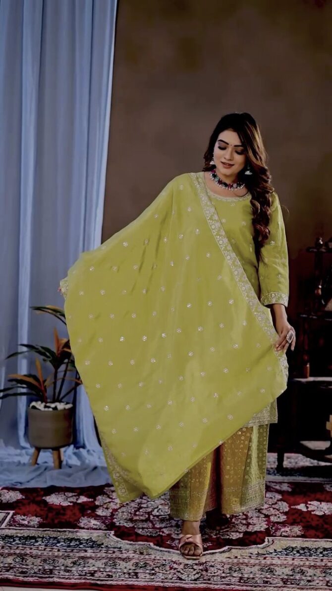Pehnava Style Pure Chinon Embroidery Work Kurtie Plazo Set - Image 2