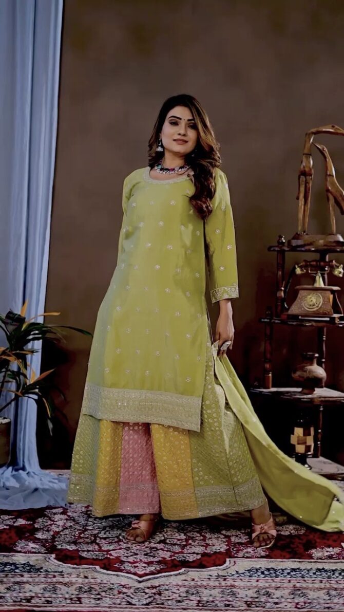 Pehnava Style Pure Chinon Embroidery Work Kurtie Plazo Set