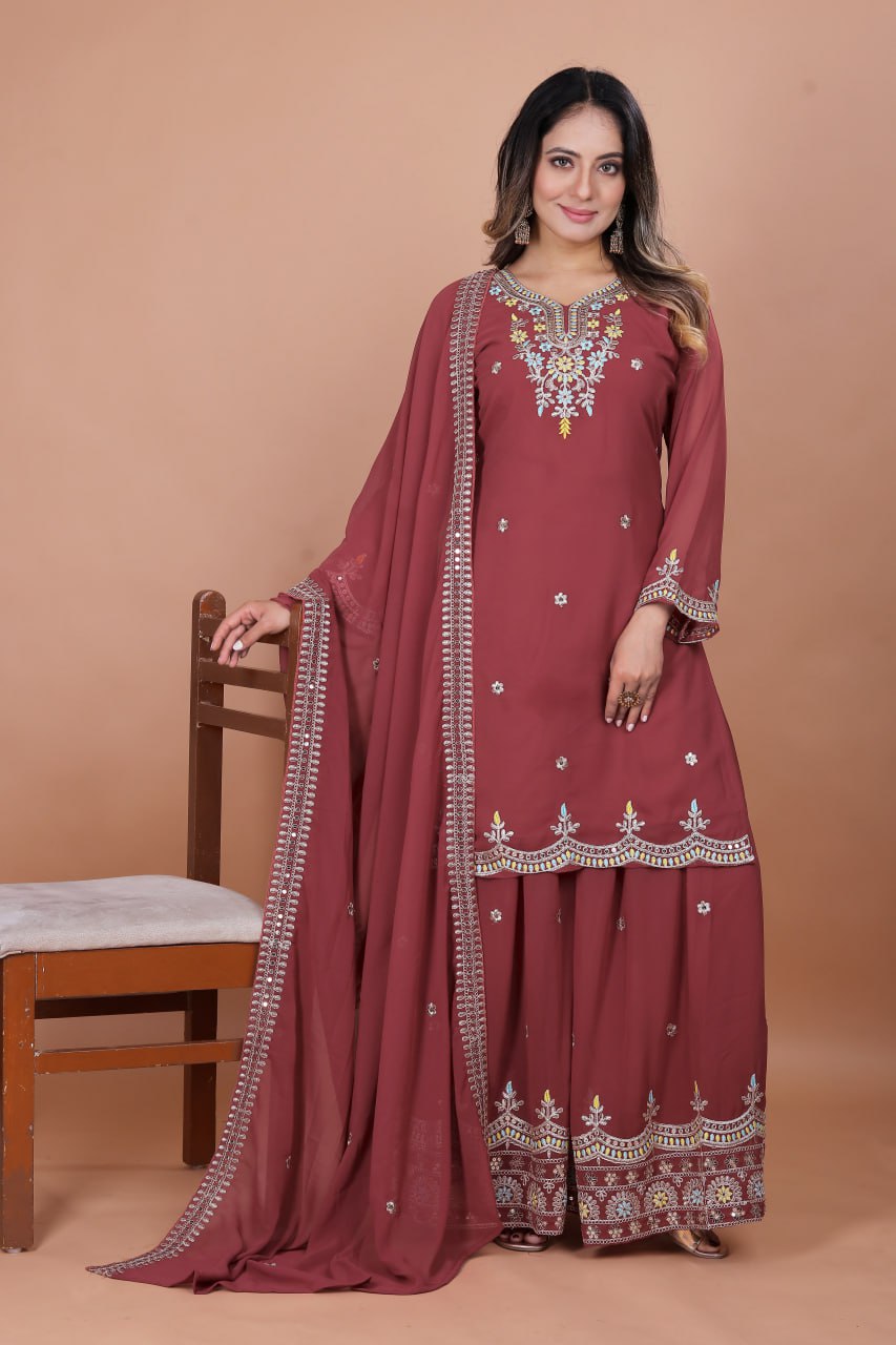 Pehnava Style Fox Georgette Coding Sequence Embriudery Work Kurtie Sharara And Duppatta - Image 4