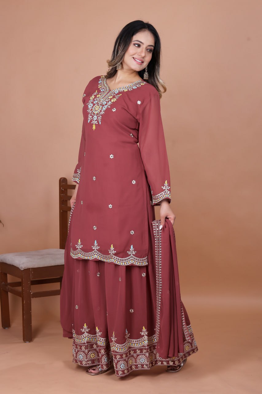 Pehnava Style Fox Georgette Coding Sequence Embriudery Work Kurtie Sharara And Duppatta - Image 2
