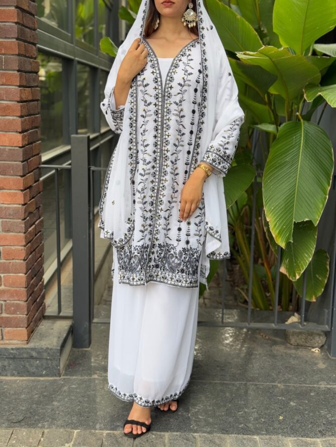 Pehnava Style Sequence Embroidery Georgette Kurtie Plazzo Set - Image 3