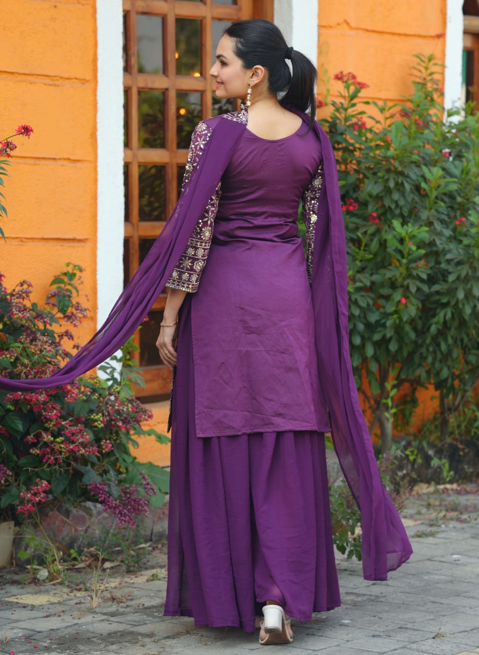 Pehnava Style Tepeta Silk With Fusing Embroidery Work Kurtie Sharara & Duppatta - Image 5