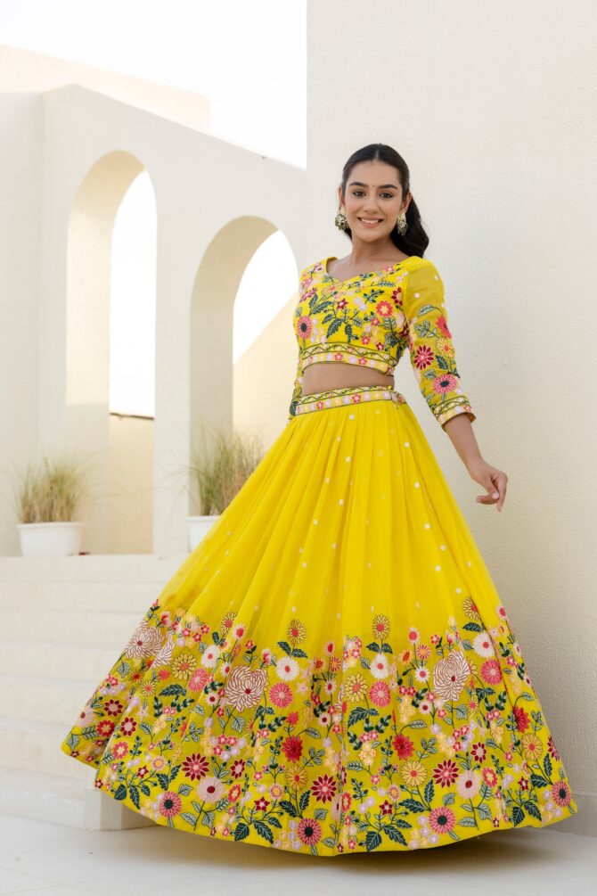Pehnava Style Yellow Organza Embroidered Semi-Stitched Lehenga - Image 9