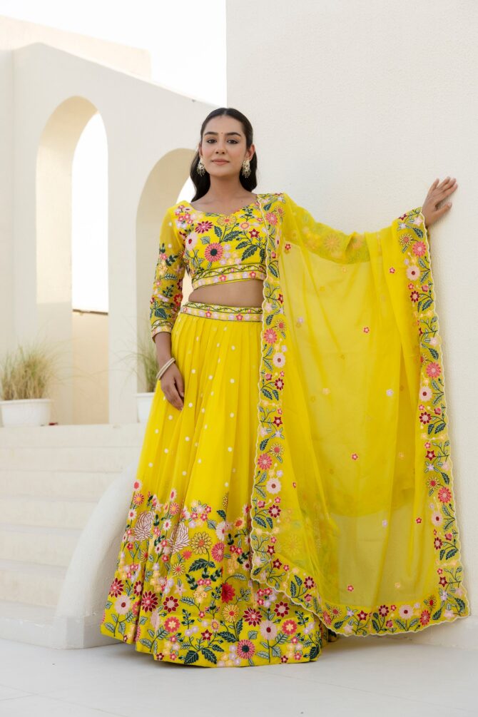 Pehnava Style Yellow Organza Embroidered Semi-Stitched Lehenga