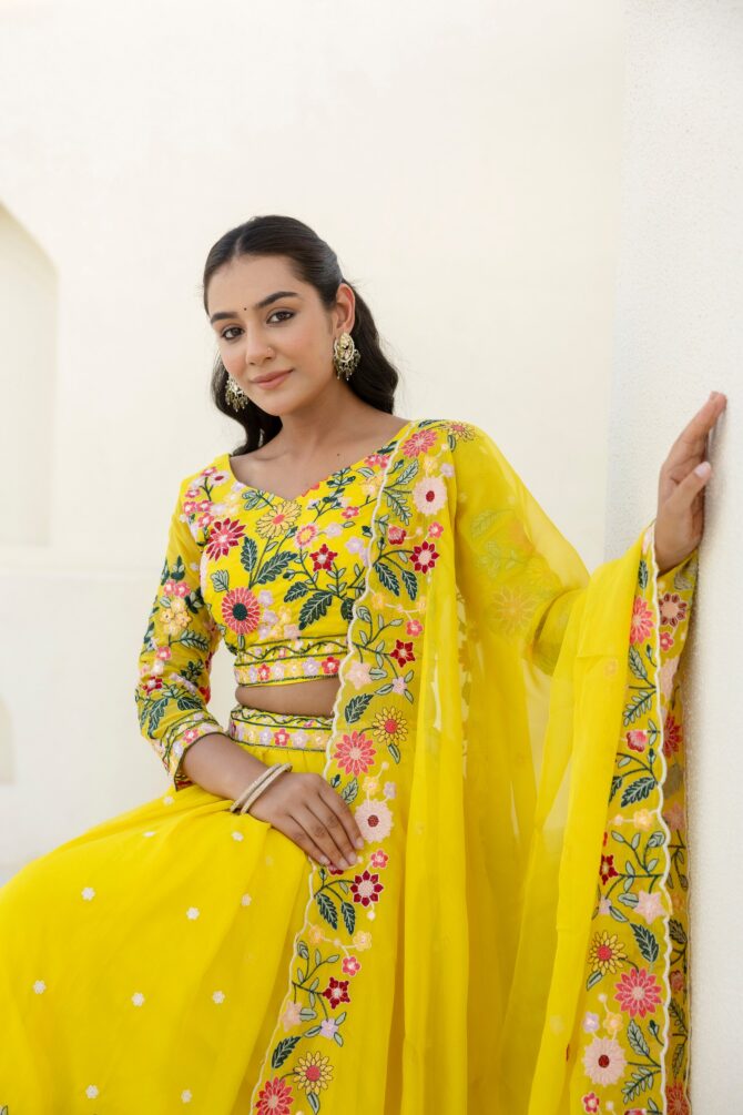 Pehnava Style Yellow Organza Embroidered Semi-Stitched Lehenga - Image 2