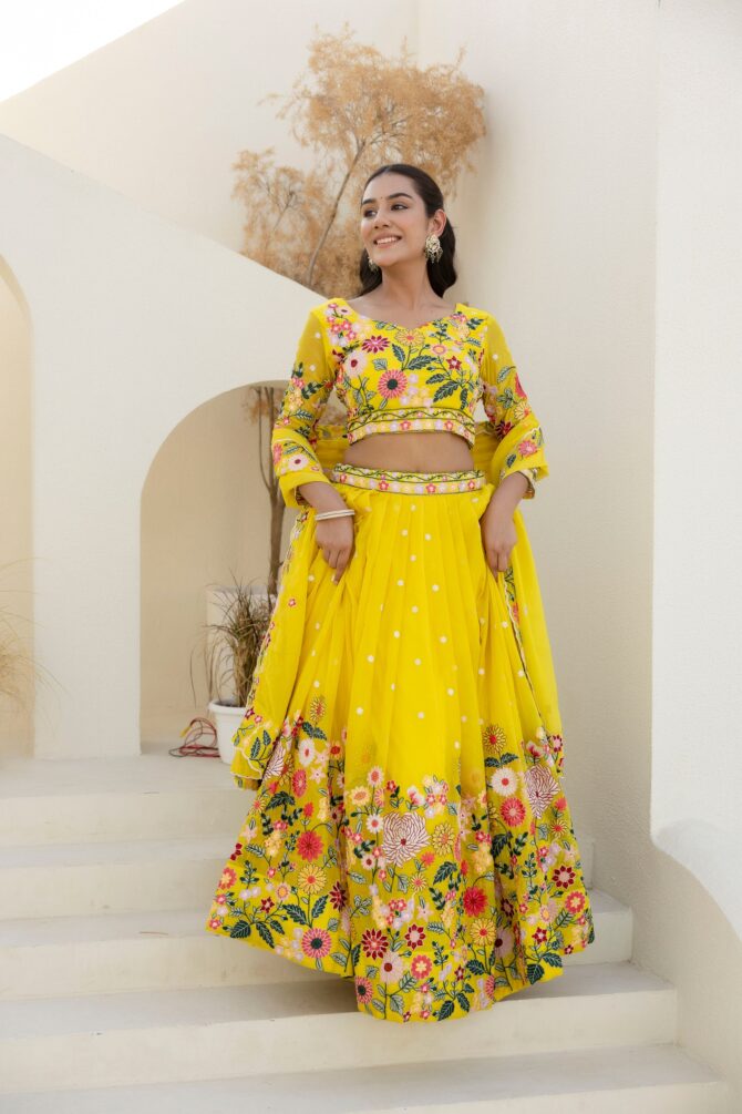 Pehnava Style Yellow Organza Embroidered Semi-Stitched Lehenga - Image 7