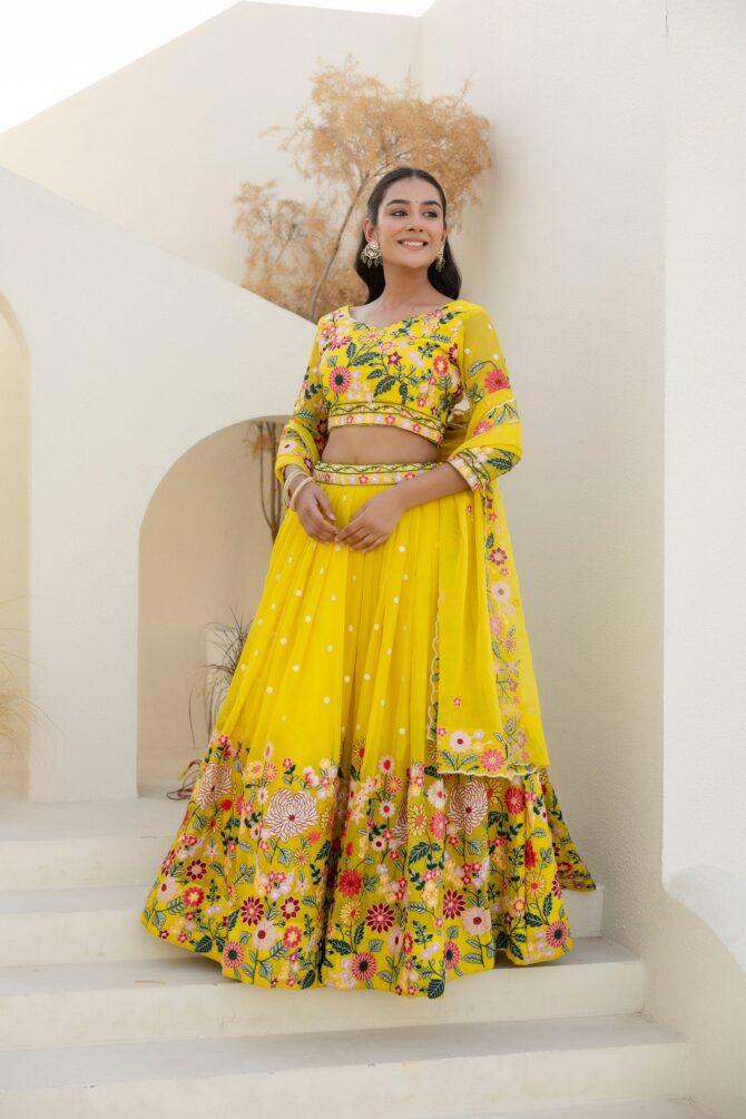 Pehnava Style Yellow Organza Embroidered Semi-Stitched Lehenga - Image 10