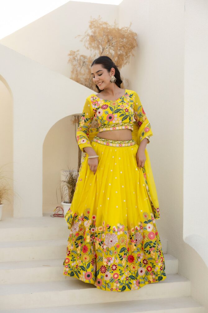 Pehnava Style Yellow Organza Embroidered Semi-Stitched Lehenga - Image 6