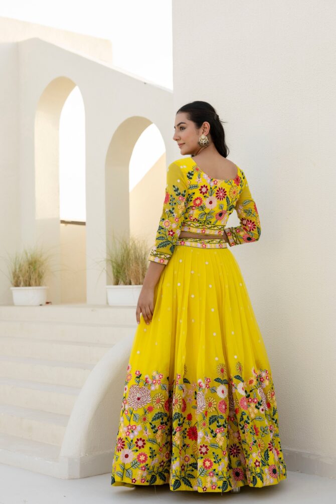 Pehnava Style Yellow Organza Embroidered Semi-Stitched Lehenga - Image 5