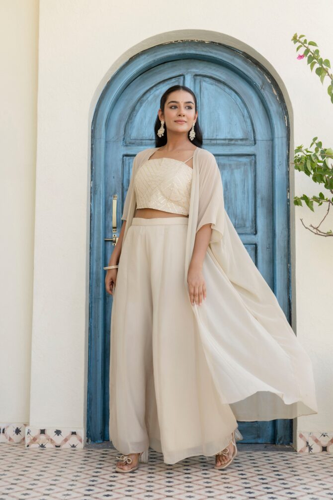 Pehnava Style White Georgette Gotta Patti Work Top & Palazzo - Image 6