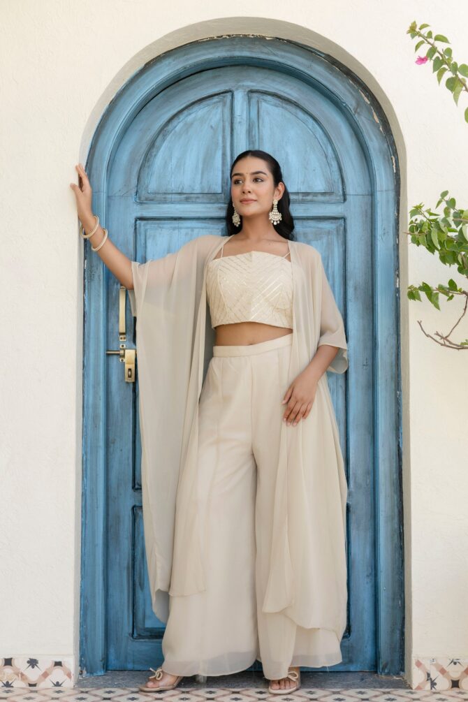 Pehnava Style White Georgette Gotta Patti Work Top & Palazzo - Image 4