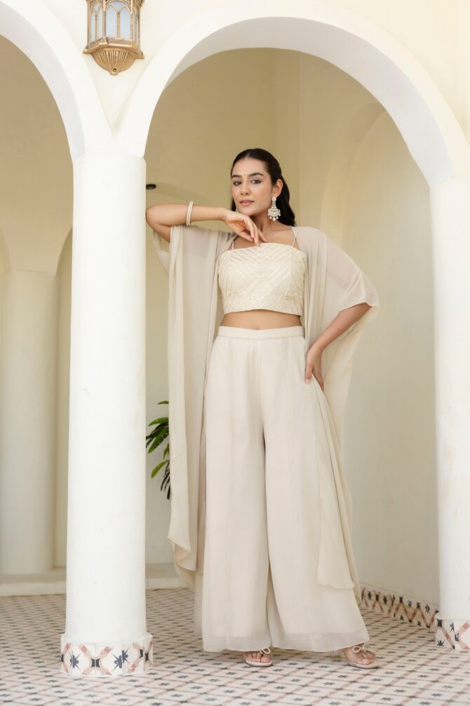 Pehnava Style White Georgette Gotta Patti Work Top & Palazzo - Image 9