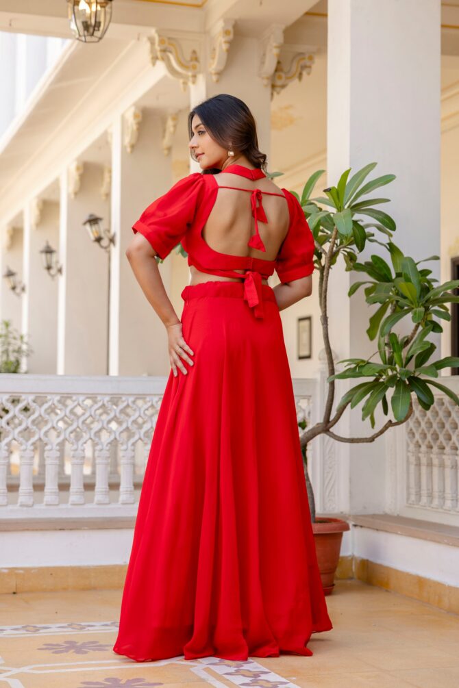 Pehnava Style Red Georgette Blouse Lehenga - Image 10