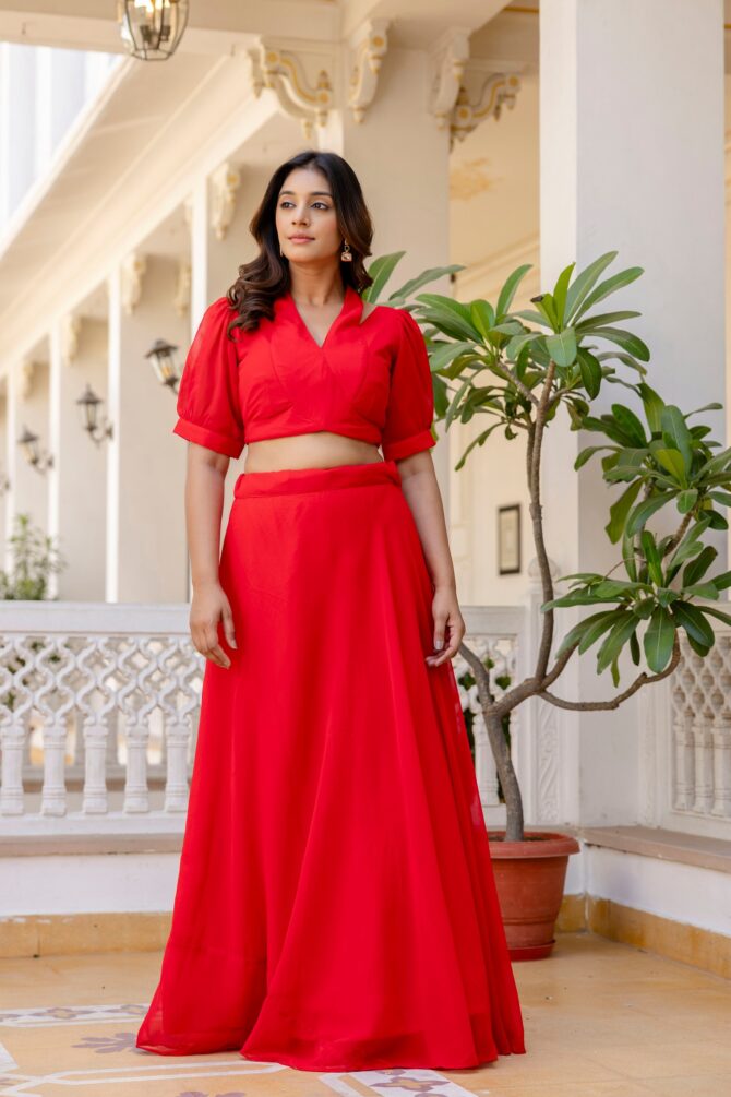 Pehnava Style Red Georgette Blouse Lehenga