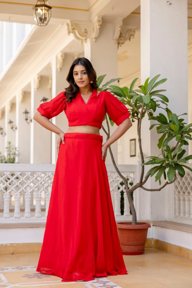 Pehnava Style Red Georgette Blouse Lehenga - Image 7