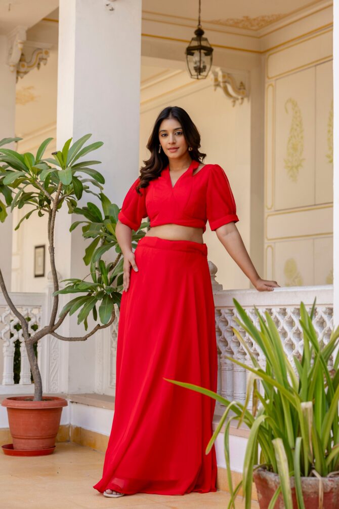 Pehnava Style Red Georgette Blouse Lehenga - Image 5