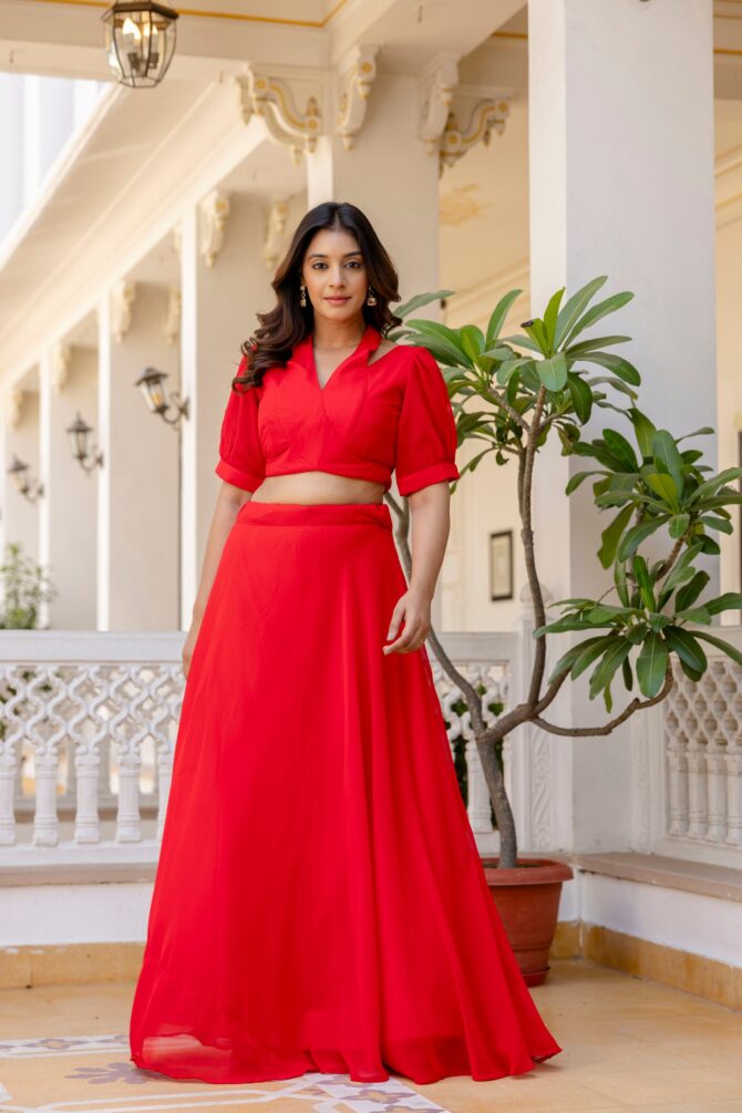 Pehnava Style Red Georgette Blouse Lehenga - Image 9