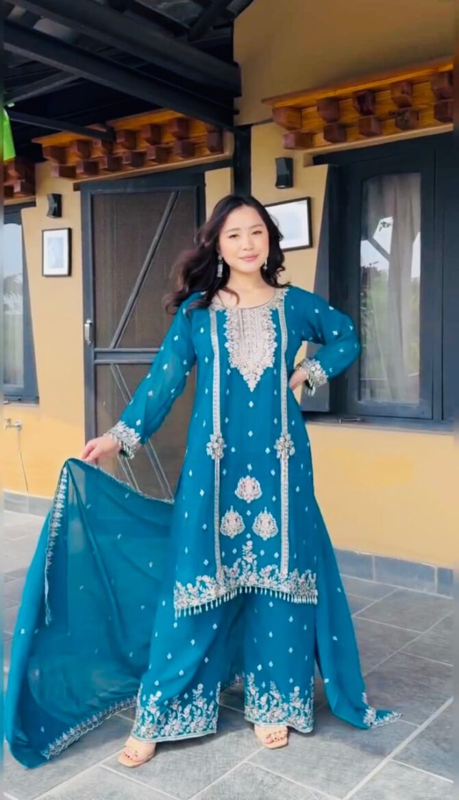 Pehnava Style Pure Chinon Embroidery Work Kurtie Palazzo Set