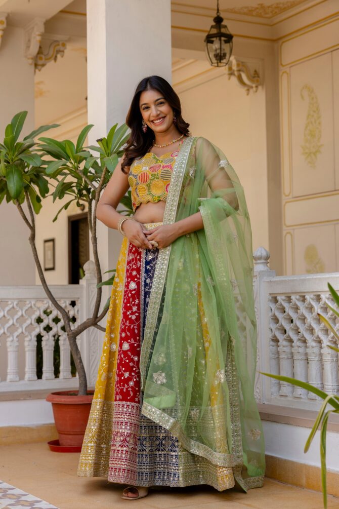 Pehnava Style Multicolor Faux Georgette Semi-Stitch Lehenga - Image 7