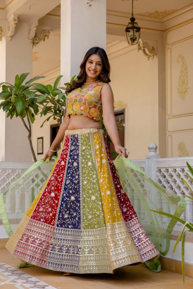 Pehnava Style Multicolor Faux Georgette Semi-Stitch Lehenga - Image 5