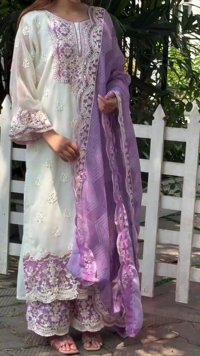 Pehnava Style Faux Gerogette Embroidery Work Kurta Pant Set - Image 3