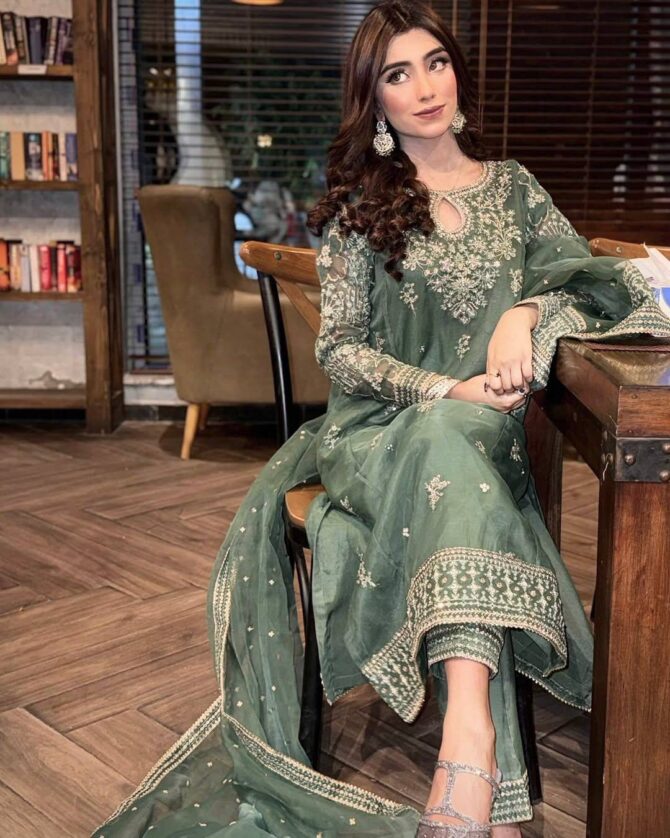 Pehnava Style Organza Silk Embroidery Work Kurtie Palazzo with Duppatta - Image 2