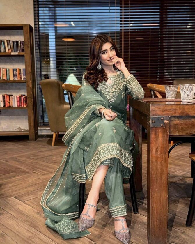 Pehnava Style Organza Silk Embroidery Work Kurtie Palazzo with Duppatta - Image 7