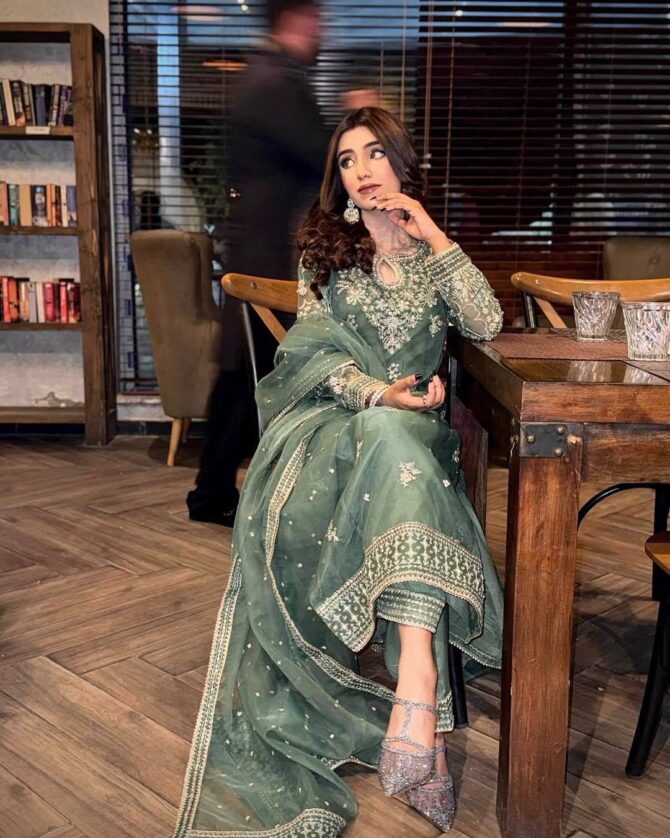 Pehnava Style Organza Silk Embroidery Work Kurtie Palazzo with Duppatta - Image 5