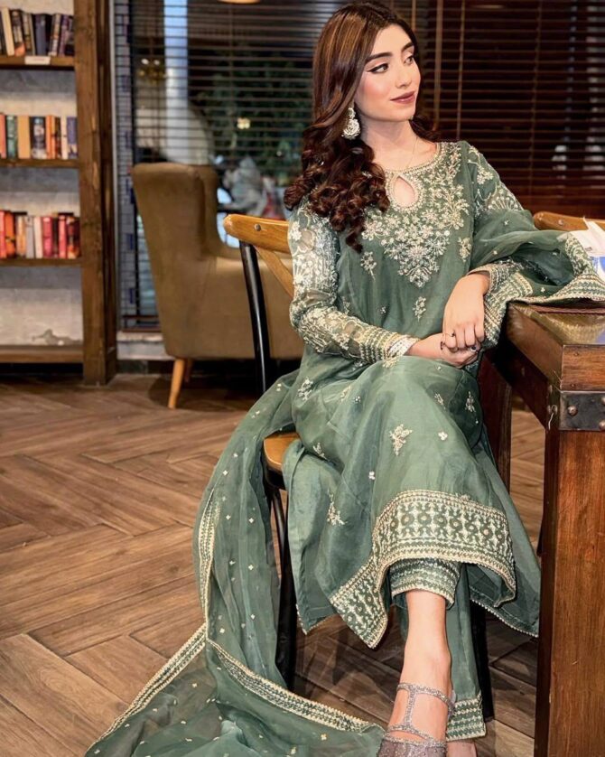 Pehnava Style Organza Silk Embroidery Work Kurtie Palazzo with Duppatta - Image 4