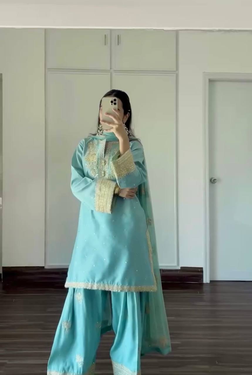 Pehnana Style Pure Natural Crepe With Embroidery Kurtie Farshi Palazzo & Duppatta - Image 5