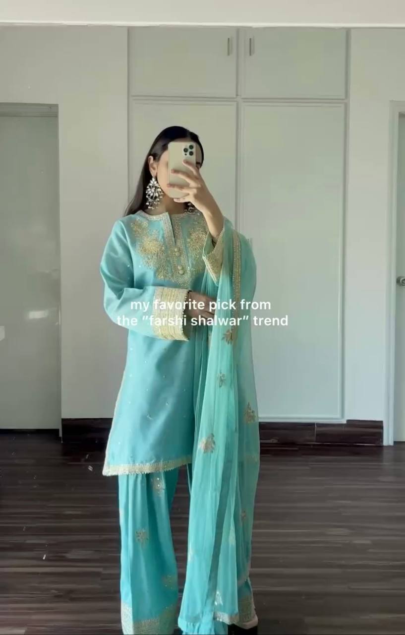 Pehnana Style Pure Natural Crepe With Embroidery Kurtie Farshi Palazzo & Duppatta - Image 6