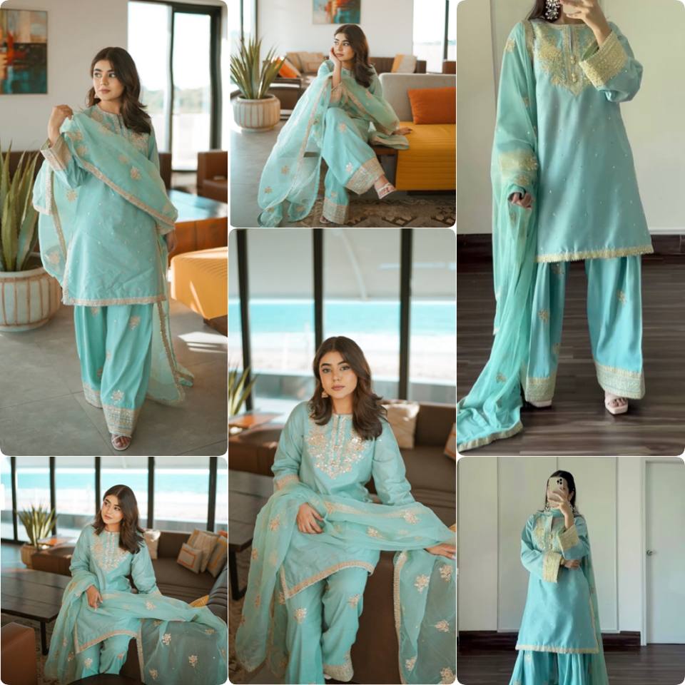 Pehnana Style Pure Natural Crepe With Embroidery Kurtie Farshi Palazzo & Duppatta - Image 8