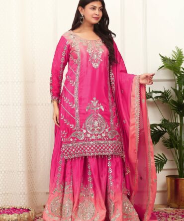 Pehnava Style Pure Shaded Chinon Silk Embroidery Kurtie Palazo & Duppatta