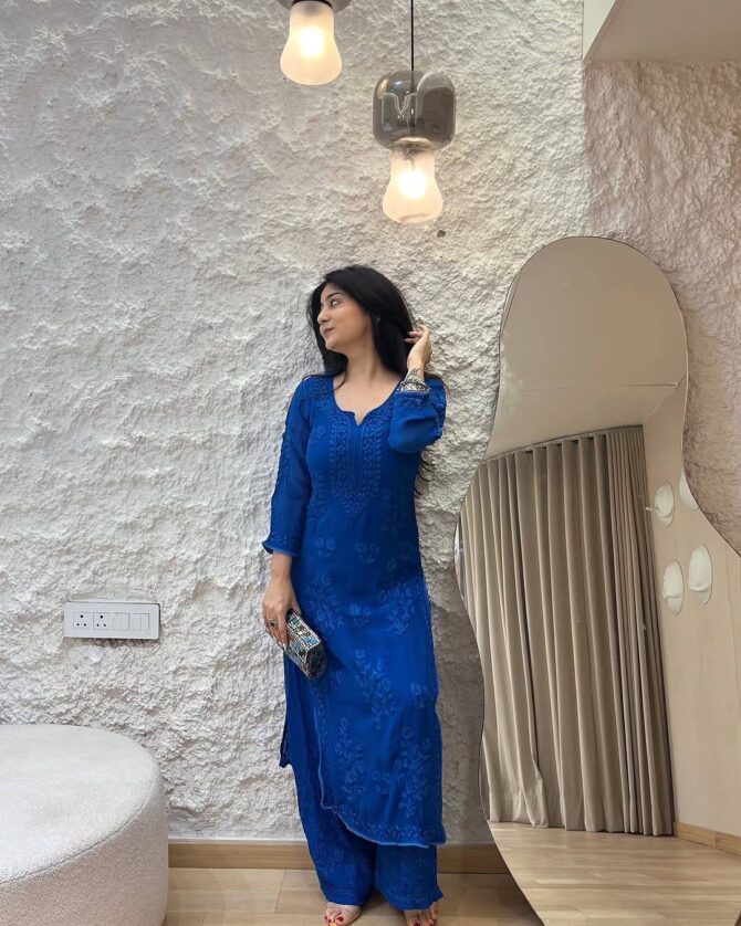 Pehnava Style Georgette Thread Embroidery Work Kurtie Palazzo - Image 4