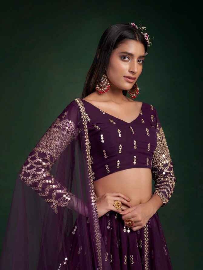 Pehnava Style Wine Georgette Semi Stitched Lehenga - Image 2