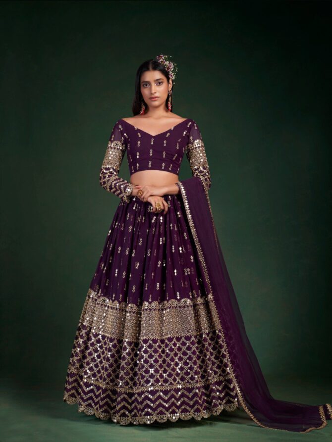 Pehnava Style Wine Georgette Semi Stitched Lehenga