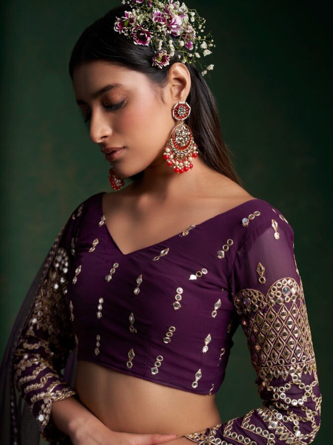 Pehnava Style Wine Georgette Semi Stitched Lehenga - Image 3