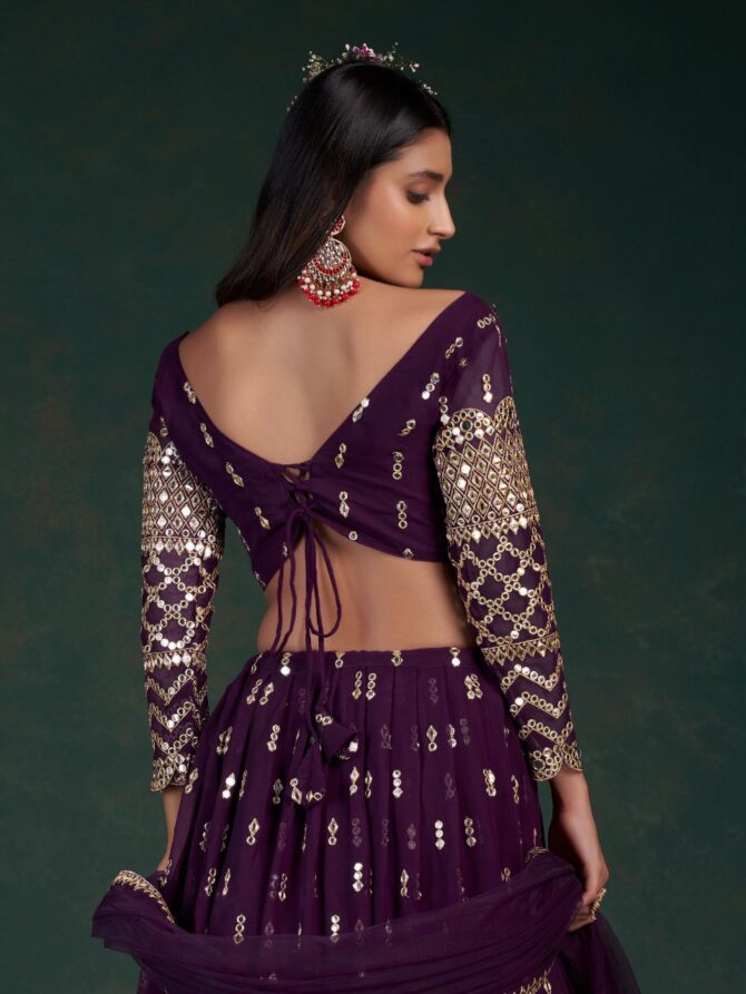 Pehnava Style Wine Georgette Semi Stitched Lehenga - Image 4