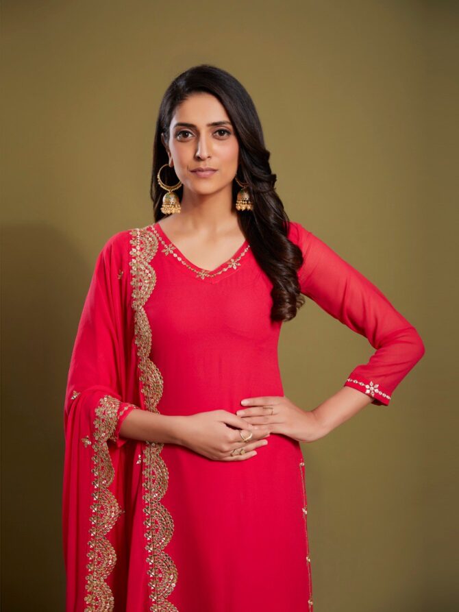 Pehnava Style Red Georgette Kurtie Plazzo set - Image 4
