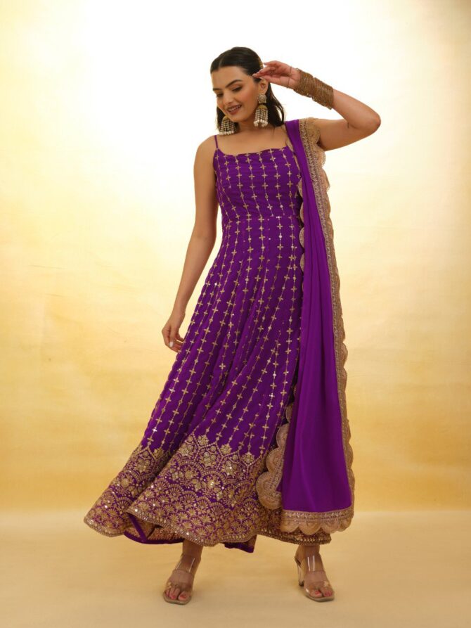 Pehnava style Purple Heavy Embrodered Georgette Kurtie Set