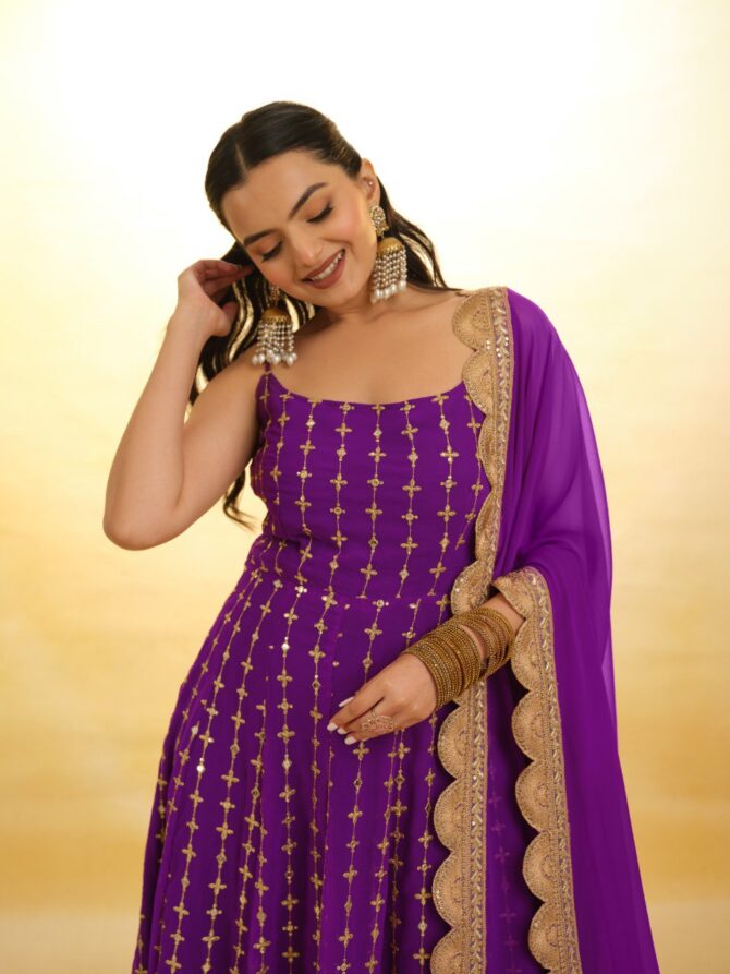 Pehnava style Purple Heavy Embrodered Georgette Kurtie Set - Image 2