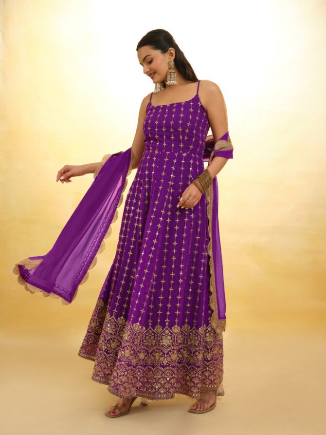 Pehnava style Purple Heavy Embrodered Georgette Kurtie Set - Image 4