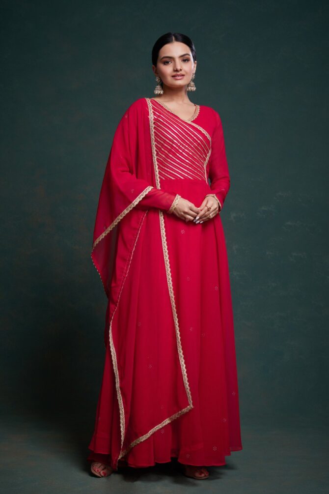 Pehnava Style Rose Red Georgette Gown