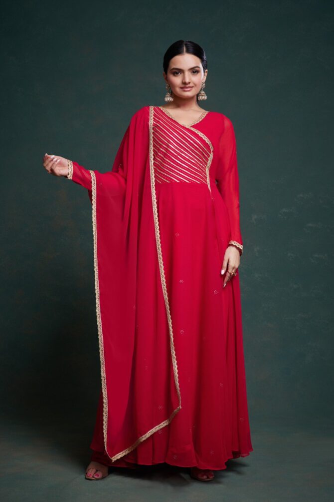 Pehnava Style Rose Red Georgette Gown - Image 8